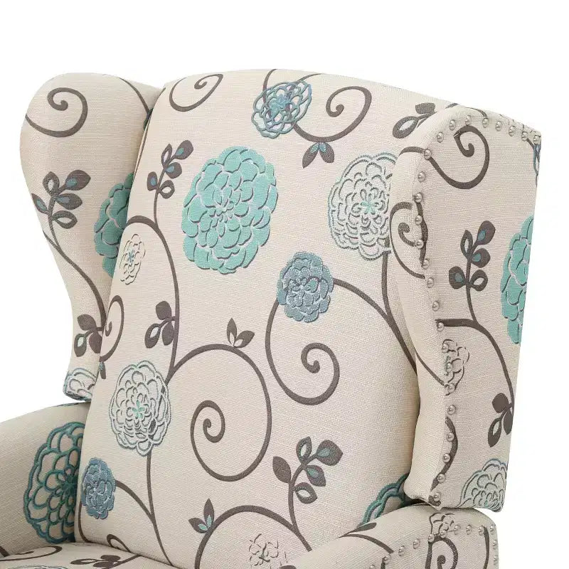 Fauteuil inclinable contemporain à oreilles en tissu, à dossier inclinable par poussée, beige clair et à fleurs bleues
