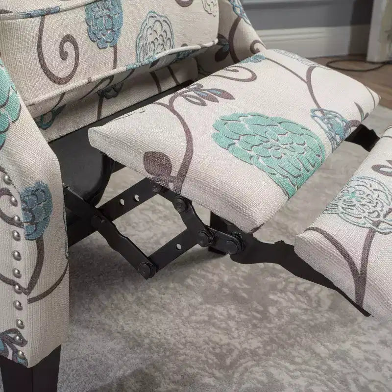 Fauteuil inclinable contemporain à oreilles en tissu, à dossier inclinable par poussée, beige clair et à fleurs bleues