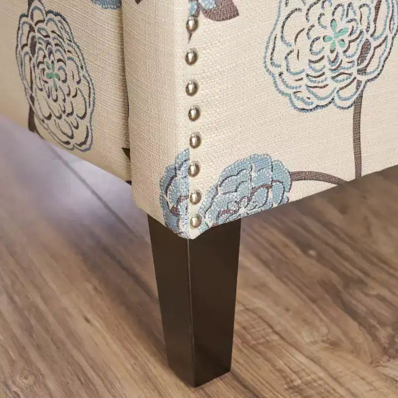 Fauteuil inclinable contemporain à oreilles en tissu, à dossier inclinable par poussée, beige clair et à fleurs bleues