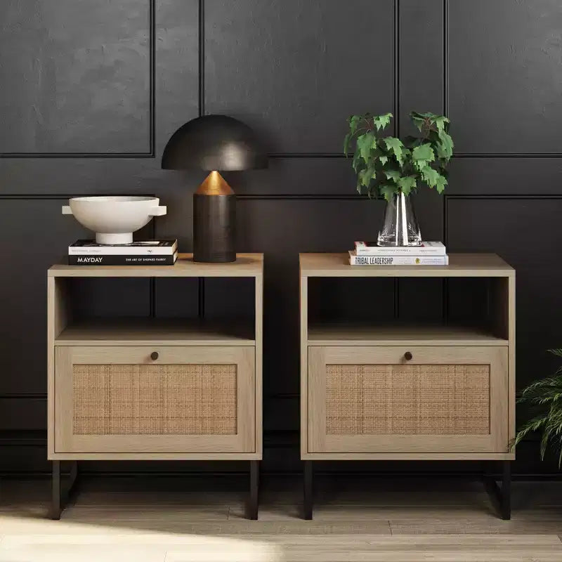 Ensemble de 2 tables de chevet en rotin de style scandinave classique