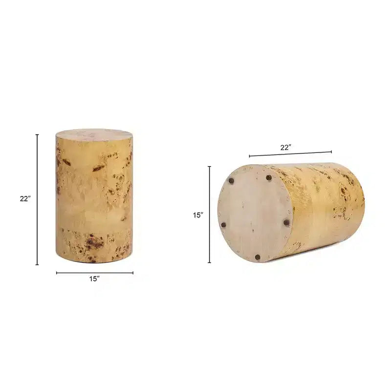 Table d’appoint colonne de 22, brun naturel chaud, placage de loupe de bois burl