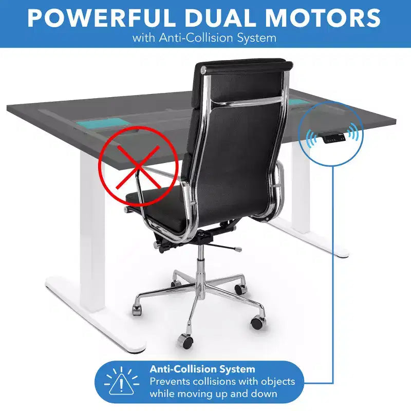 Bureau électrique réglable en hauteur à double moteur avec plateau de 55 et piètement blanc