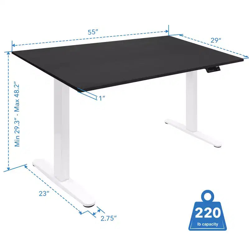 Bureau électrique réglable en hauteur à double moteur avec plateau de 55 et piètement blanc