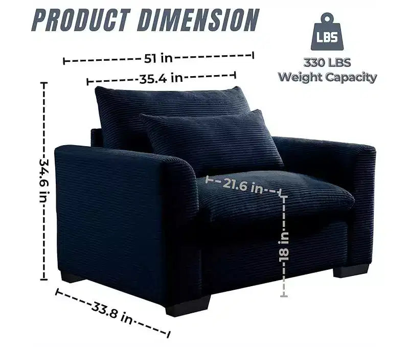 Fauteuil une place en velours côtelé avec assise profonde de 33.8 et coussin lombaire
