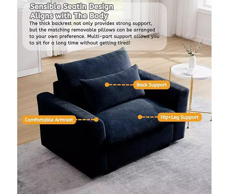Fauteuil une place en velours côtelé avec assise profonde de 33.8 et coussin lombaire