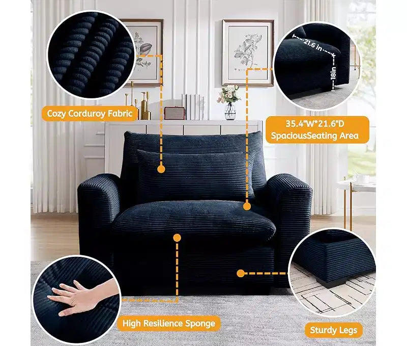 Fauteuil une place en velours côtelé avec assise profonde de 33.8 et coussin lombaire