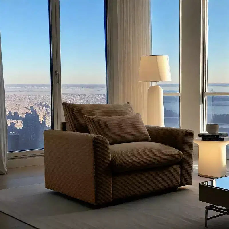 Fauteuil une place en velours côtelé avec assise profonde de 33.8 et coussin lombaire