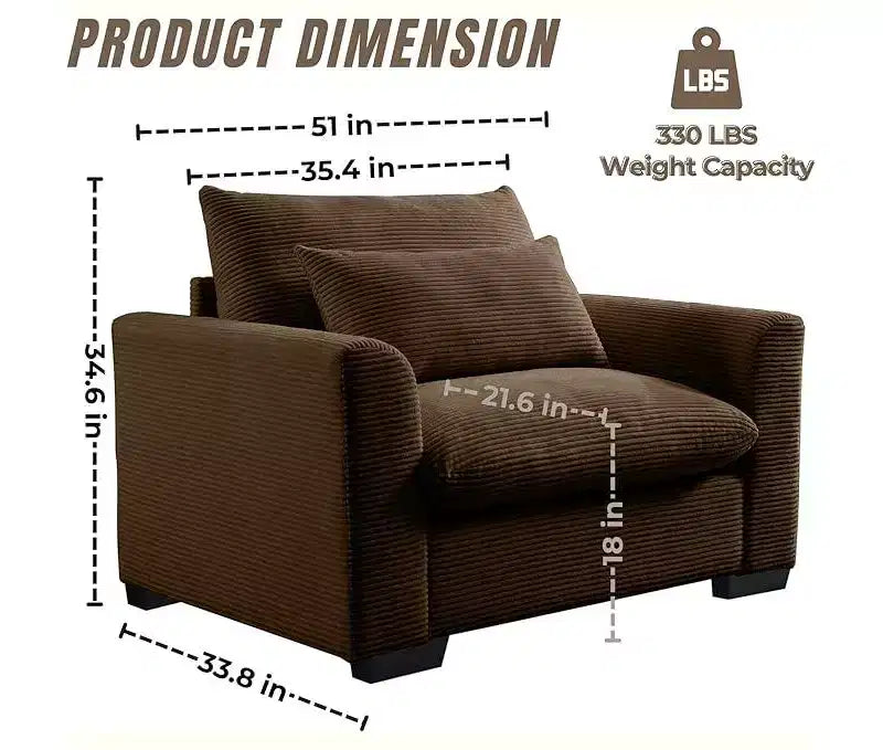 Fauteuil une place en velours côtelé avec assise profonde de 33.8 et coussin lombaire