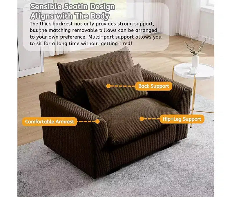 Fauteuil une place en velours côtelé avec assise profonde de 33.8 et coussin lombaire