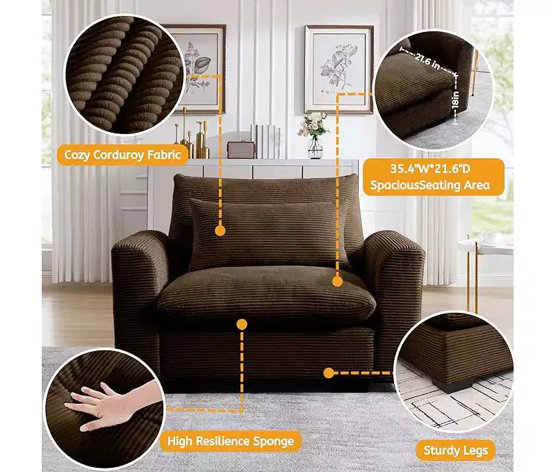 Fauteuil une place en velours côtelé avec assise profonde de 33.8 et coussin lombaire