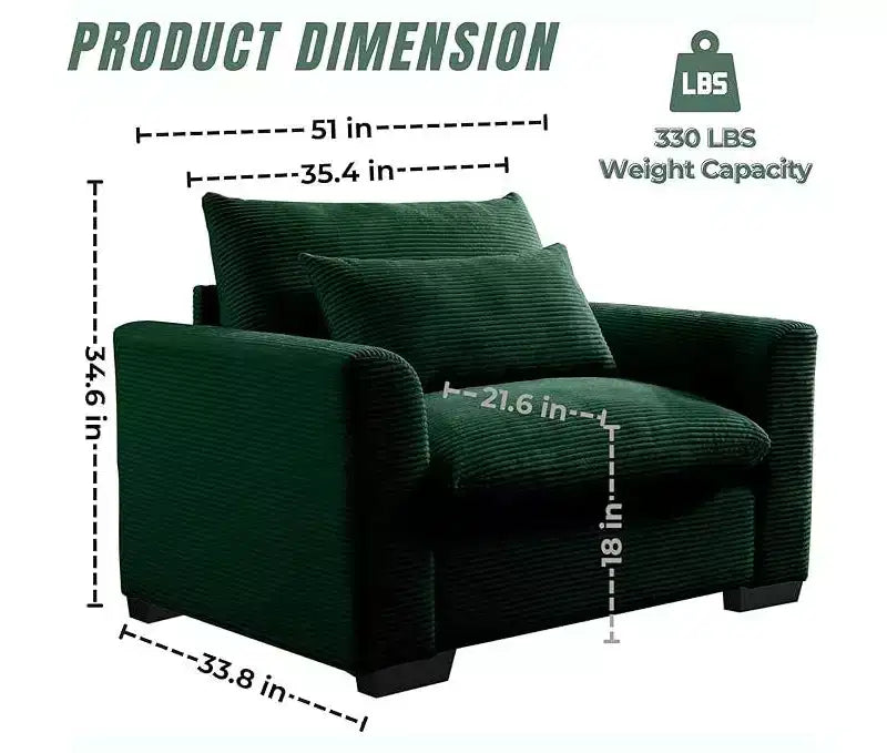 Fauteuil une place en velours côtelé avec assise profonde de 33.8 et coussin lombaire
