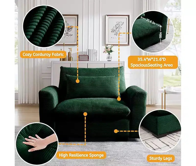 Fauteuil une place en velours côtelé avec assise profonde de 33.8 et coussin lombaire