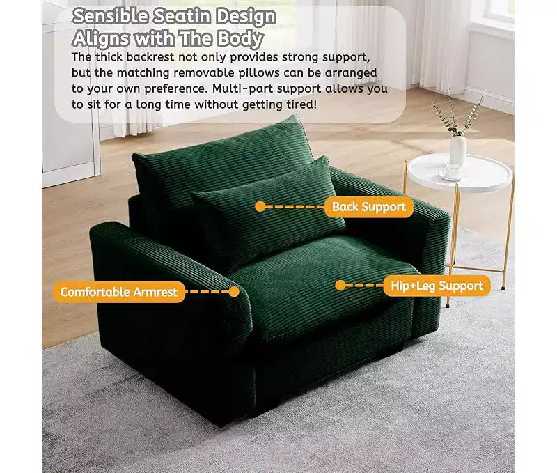 Fauteuil une place en velours côtelé avec assise profonde de 33.8 et coussin lombaire