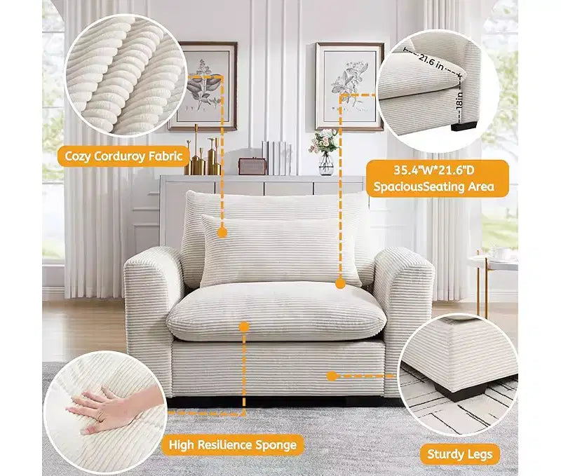 Fauteuil une place en velours côtelé avec assise profonde de 33.8 et coussin lombaire