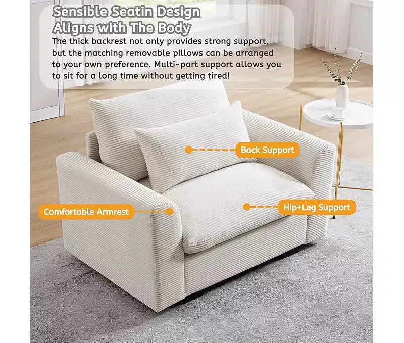 Fauteuil une place en velours côtelé avec assise profonde de 33.8 et coussin lombaire