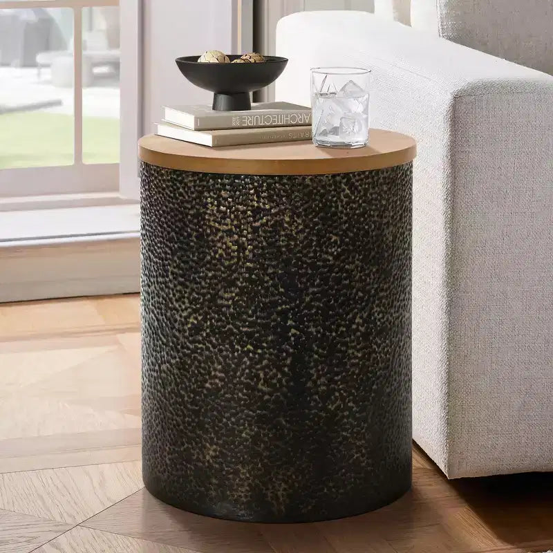 Table d’appoint ronde de 20.3, en fer avec plateau en bois, noir et doré martelé, petite table d’appoint multicolore pour le salon, la chambre ou près du canapé
