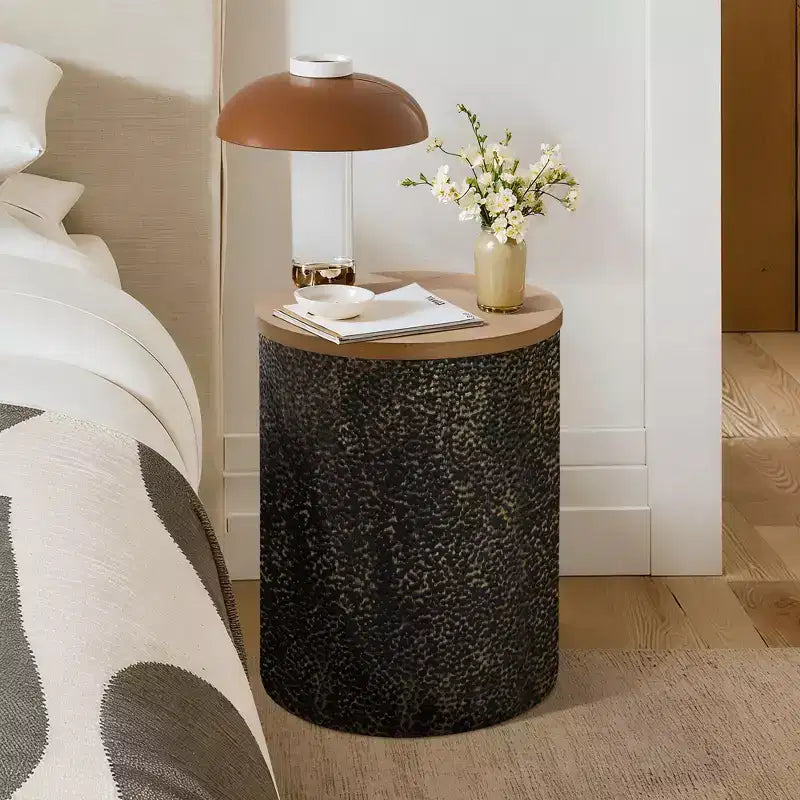 Table d’appoint ronde de 20.3, en fer avec plateau en bois, noir et doré martelé, petite table d’appoint multicolore pour le salon, la chambre ou près du canapé