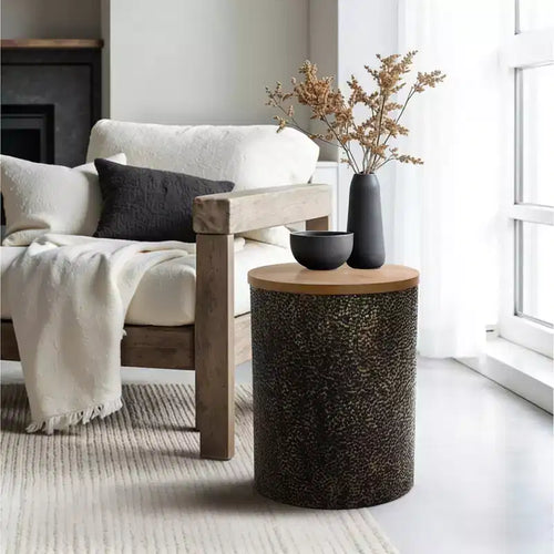 Table d’appoint ronde de 20.3, en fer avec plateau en bois, noir et doré martelé, petite table d’appoint multicolore pour le salon, la chambre ou près du canapé