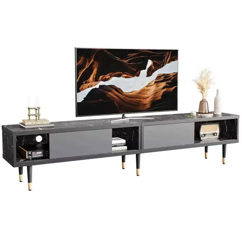 Mueble de TV de 80 pulgadas de estilo moderno de mediados de siglo, para televisores de hasta 85 pulgadas, consola de TV larga 2 en 1, mesa de centro cuadrada con puerta corrediza