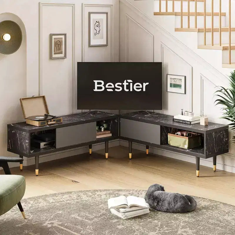 Mueble de TV de 80 pulgadas de estilo moderno de mediados de siglo, para televisores de hasta 85 pulgadas, consola de TV larga 2 en 1, mesa de centro cuadrada con puerta corrediza