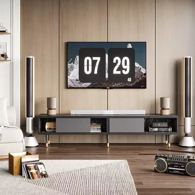 Mueble de TV de 80 pulgadas de estilo moderno de mediados de siglo, para televisores de hasta 85 pulgadas, consola de TV larga 2 en 1, mesa de centro cuadrada con puerta corrediza