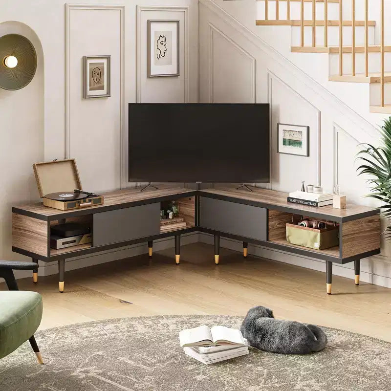 Mueble de TV de 80 pulgadas de estilo moderno de mediados de siglo, para televisores de hasta 85 pulgadas, consola de TV larga 2 en 1, mesa de centro cuadrada con puerta corrediza