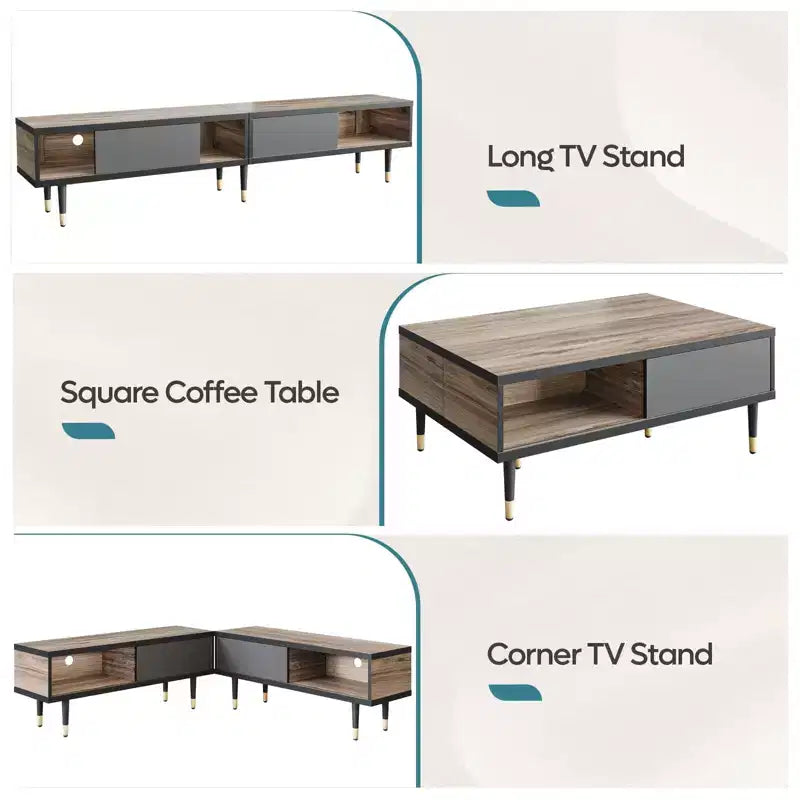 Mueble de TV de 80 pulgadas de estilo moderno de mediados de siglo, para televisores de hasta 85 pulgadas, consola de TV larga 2 en 1, mesa de centro cuadrada con puerta corrediza