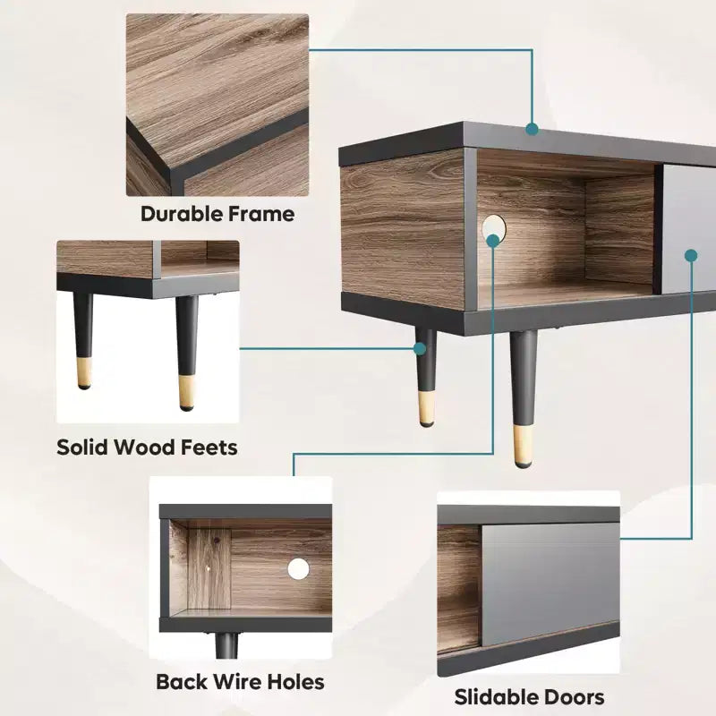 Mueble de TV de 80 pulgadas de estilo moderno de mediados de siglo, para televisores de hasta 85 pulgadas, consola de TV larga 2 en 1, mesa de centro cuadrada con puerta corrediza