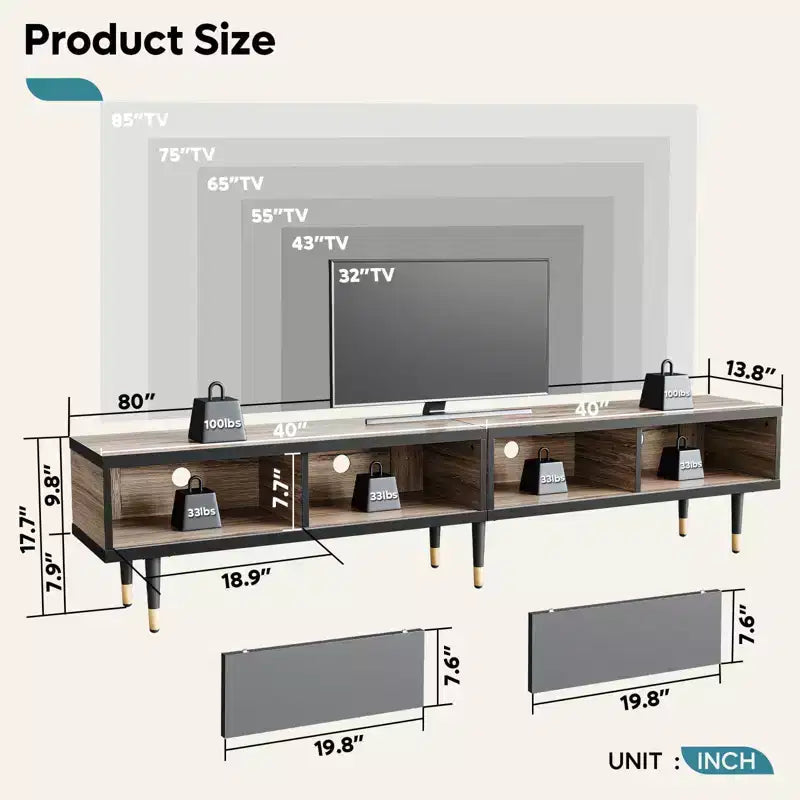 Mueble de TV de 80 pulgadas de estilo moderno de mediados de siglo, para televisores de hasta 85 pulgadas, consola de TV larga 2 en 1, mesa de centro cuadrada con puerta corrediza