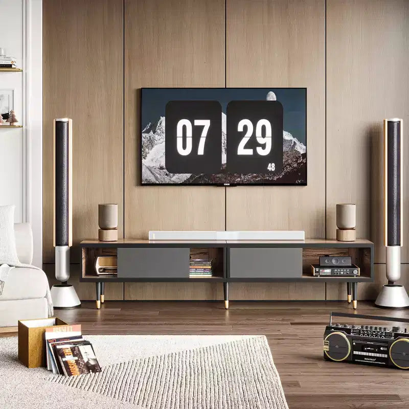 Mueble de TV de 80 pulgadas de estilo moderno de mediados de siglo, para televisores de hasta 85 pulgadas, consola de TV larga 2 en 1, mesa de centro cuadrada con puerta corrediza