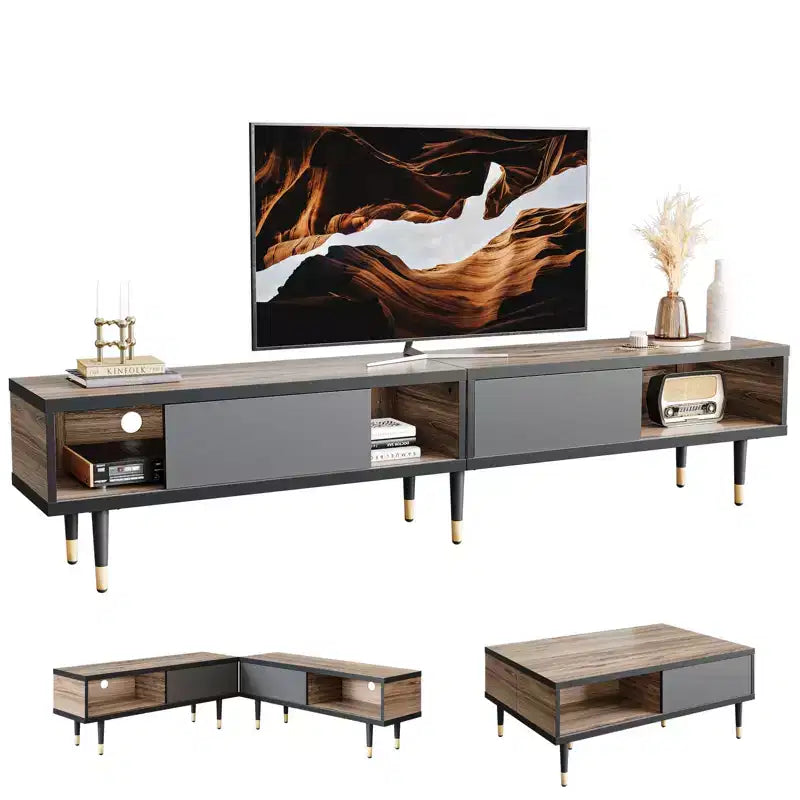 Mueble de TV de 80 pulgadas de estilo moderno de mediados de siglo, para televisores de hasta 85 pulgadas, consola de TV larga 2 en 1, mesa de centro cuadrada con puerta corrediza