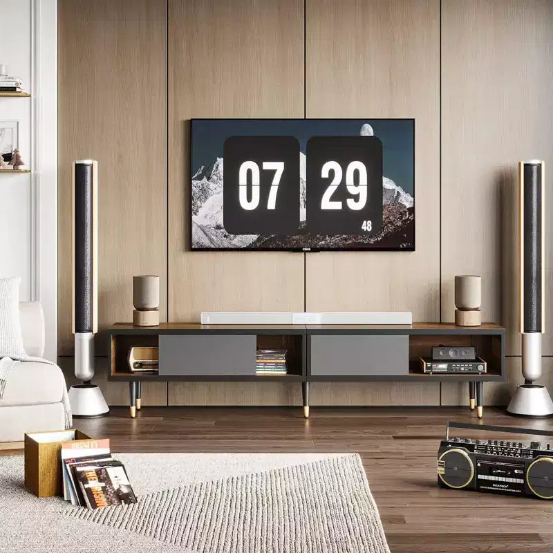 Mueble de TV de 80 pulgadas de estilo moderno de mediados de siglo, para televisores de hasta 85 pulgadas, consola de TV larga 2 en 1, mesa de centro cuadrada con puerta corrediza