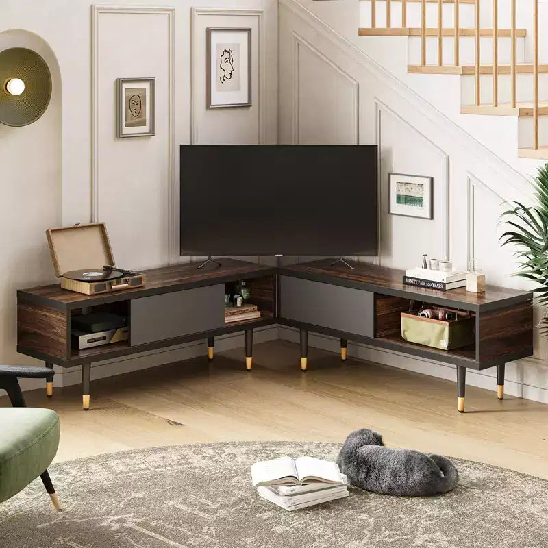 Mueble de TV de 80 pulgadas de estilo moderno de mediados de siglo, para televisores de hasta 85 pulgadas, consola de TV larga 2 en 1, mesa de centro cuadrada con puerta corrediza
