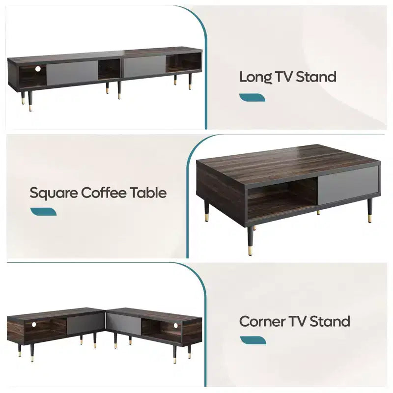 Mueble de TV de 80 pulgadas de estilo moderno de mediados de siglo, para televisores de hasta 85 pulgadas, consola de TV larga 2 en 1, mesa de centro cuadrada con puerta corrediza