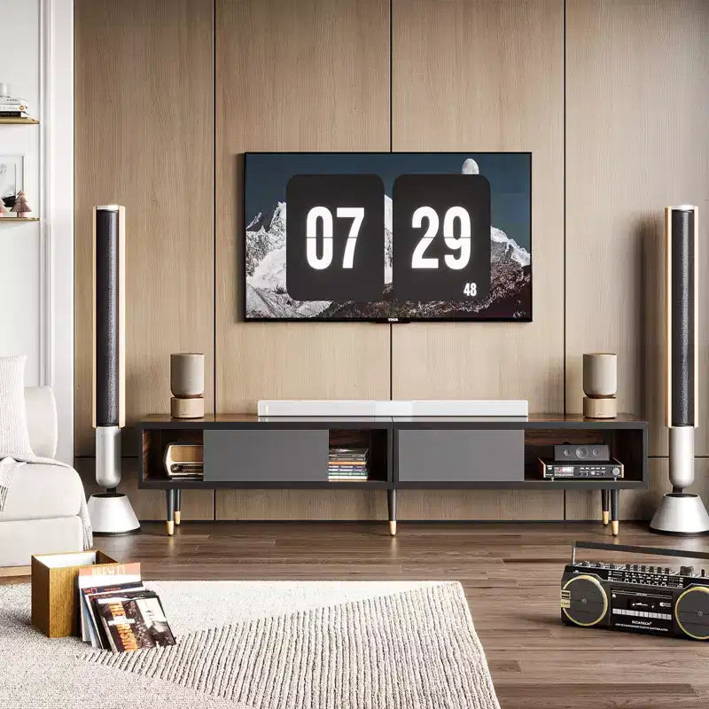Mueble de TV de 80 pulgadas de estilo moderno de mediados de siglo, para televisores de hasta 85 pulgadas, consola de TV larga 2 en 1, mesa de centro cuadrada con puerta corrediza