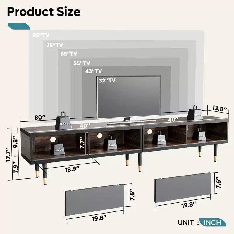 Mueble de TV de 80 pulgadas de estilo moderno de mediados de siglo, para televisores de hasta 85 pulgadas, consola de TV larga 2 en 1, mesa de centro cuadrada con puerta corrediza