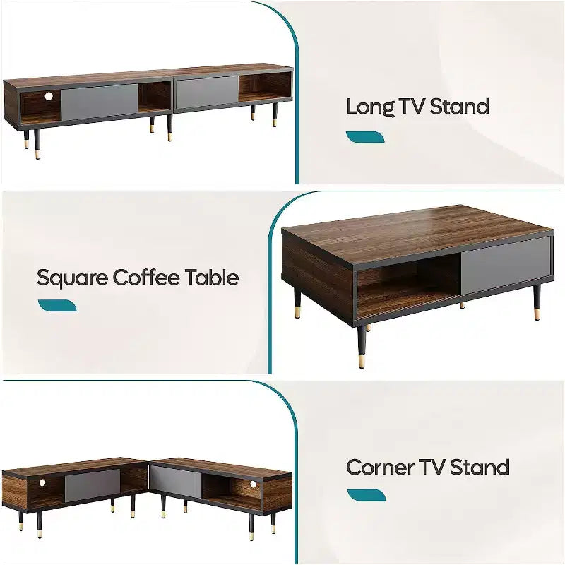 Meuble TV de 80 pouces moderne du milieu du siècle pour téléviseurs jusqu’à 85 pouces, console TV longue 2-en-1 et table basse carrée avec porte coulissante