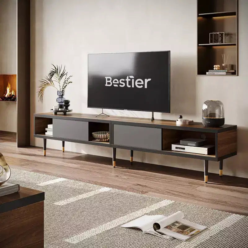 Mueble de TV de 80 pulgadas de estilo moderno de mediados de siglo, para televisores de hasta 85 pulgadas, consola de TV larga 2 en 1, mesa de centro cuadrada con puerta corrediza