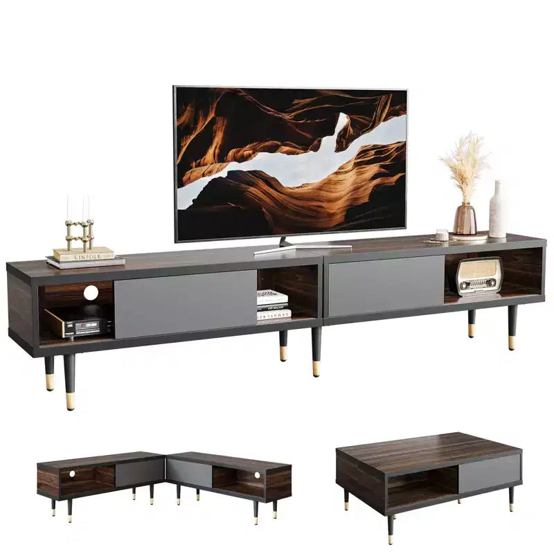 Mueble de TV de 80 pulgadas de estilo moderno de mediados de siglo, para televisores de hasta 85 pulgadas, consola de TV larga 2 en 1, mesa de centro cuadrada con puerta corrediza