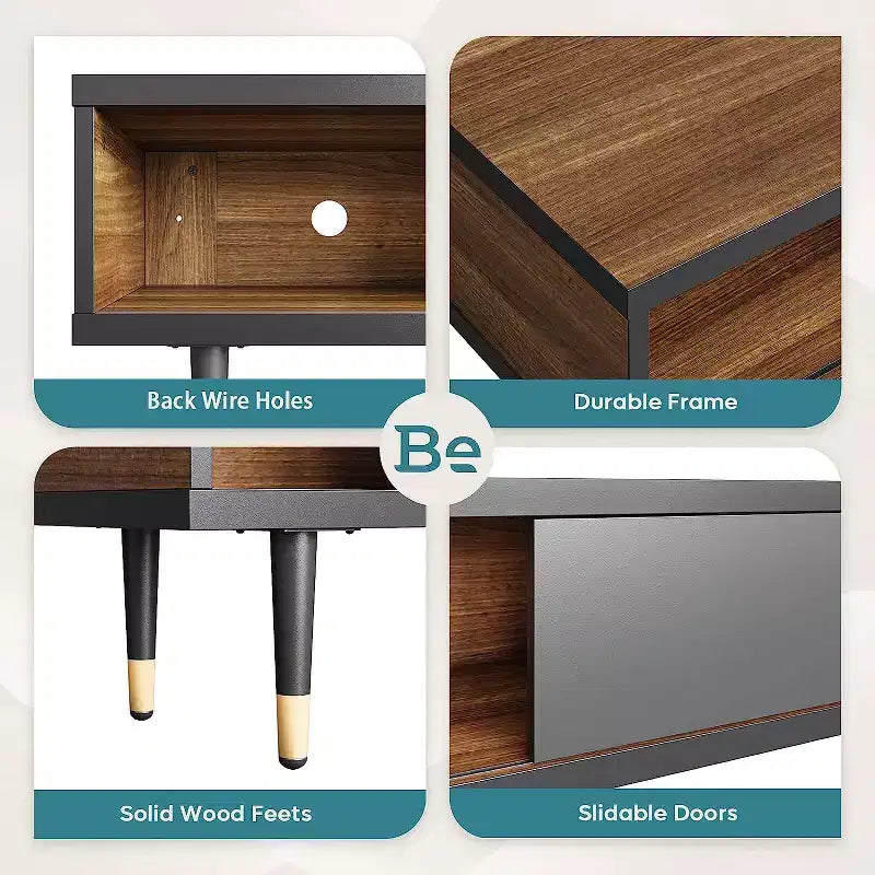 Meuble TV de 80 pouces moderne du milieu du siècle pour téléviseurs jusqu’à 85 pouces, console TV longue 2-en-1 et table basse carrée avec porte coulissante