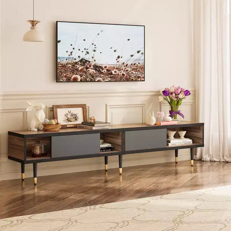 Meuble TV de 80 pouces moderne du milieu du siècle pour téléviseurs jusqu’à 85 pouces, console TV longue 2-en-1 et table basse carrée avec porte coulissante