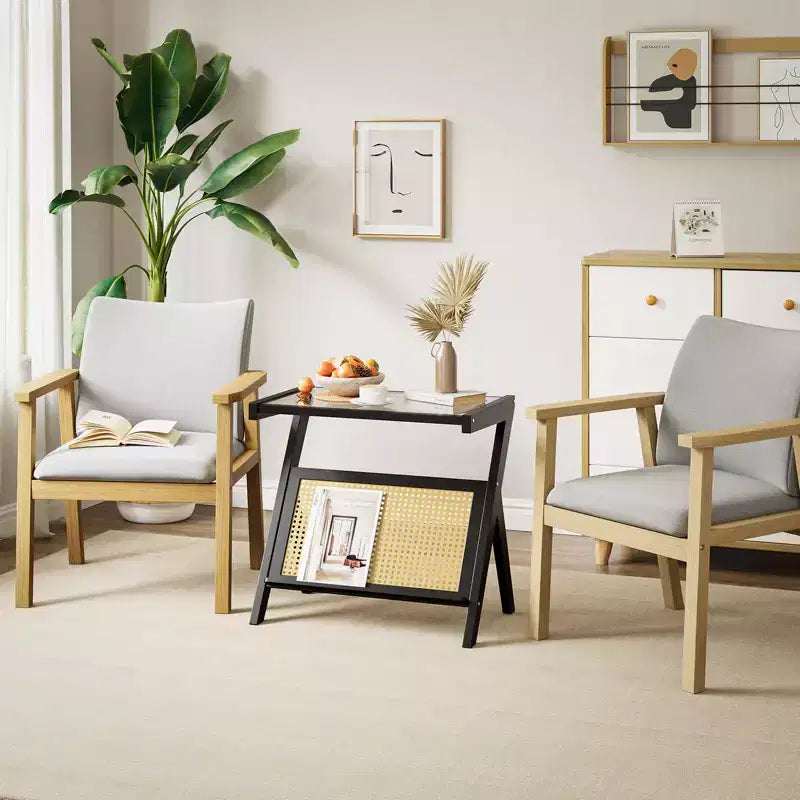 Table d’appoint en rotin avec plateau en verre trempé et cadre tressé en bambou, table de chevet noire moderne