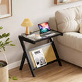 Table d’appoint en rotin avec plateau en verre trempé et cadre tressé en bambou, table de chevet noire moderne