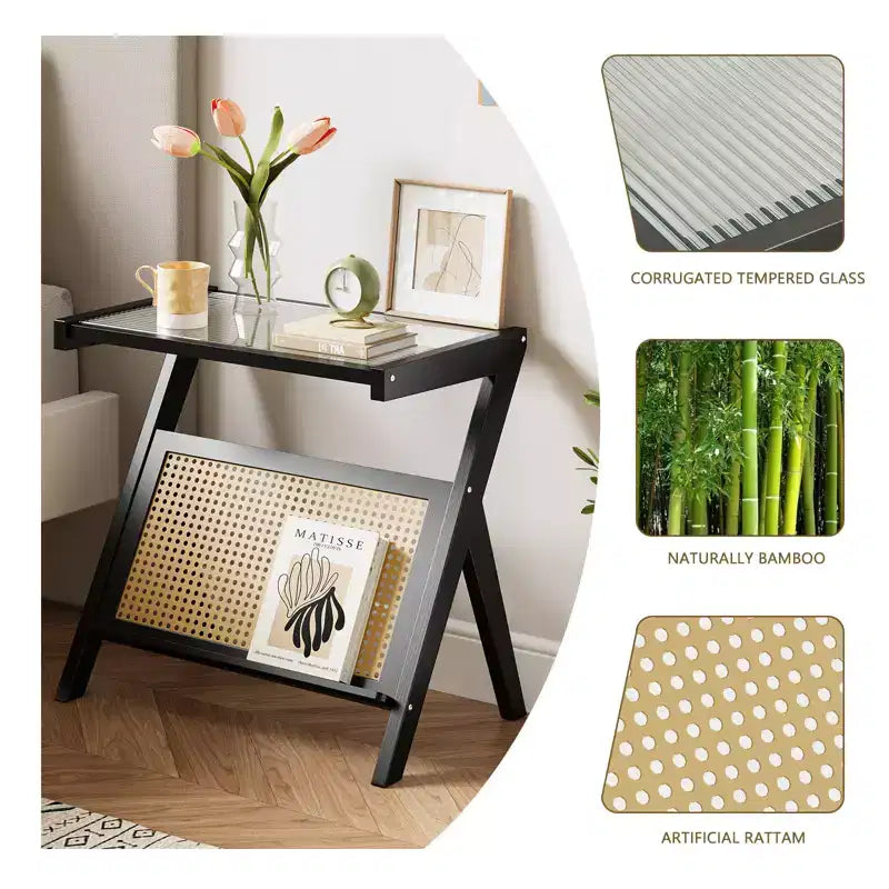 Table d’appoint en rotin avec plateau en verre trempé et cadre tressé en bambou, table de chevet noire moderne