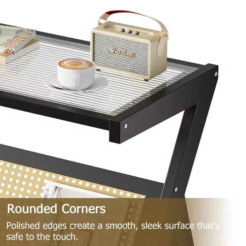 Table d’appoint en rotin avec plateau en verre trempé et cadre tressé en bambou, table de chevet noire moderne