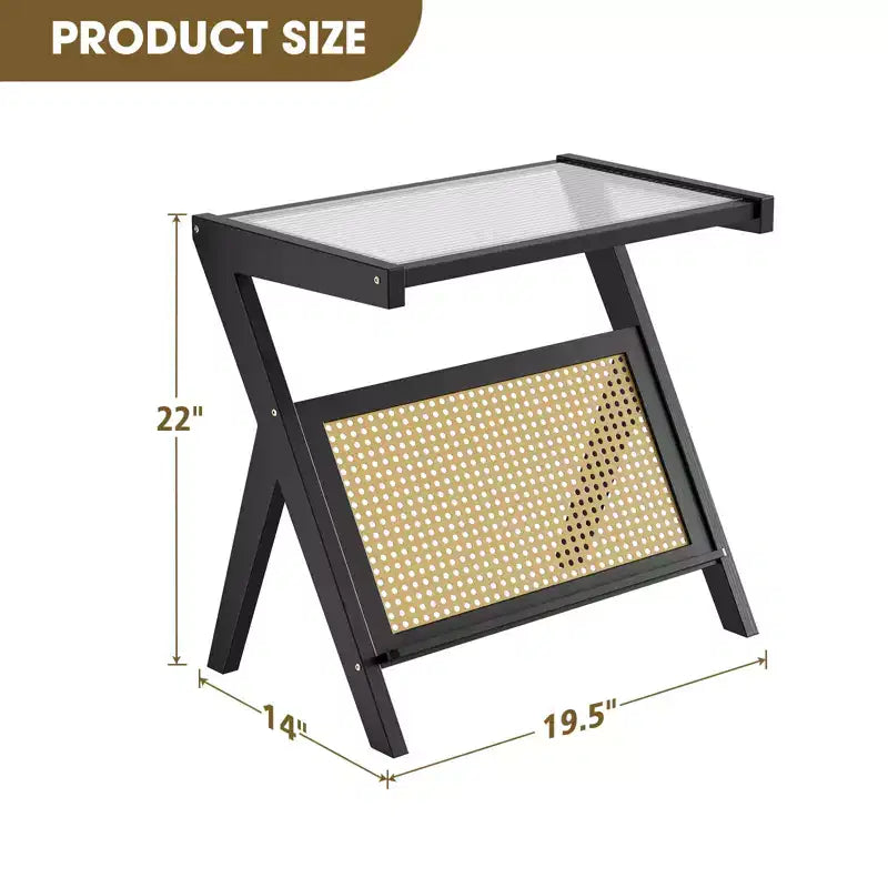 Table d’appoint en rotin avec plateau en verre trempé et cadre tressé en bambou, table de chevet noire moderne