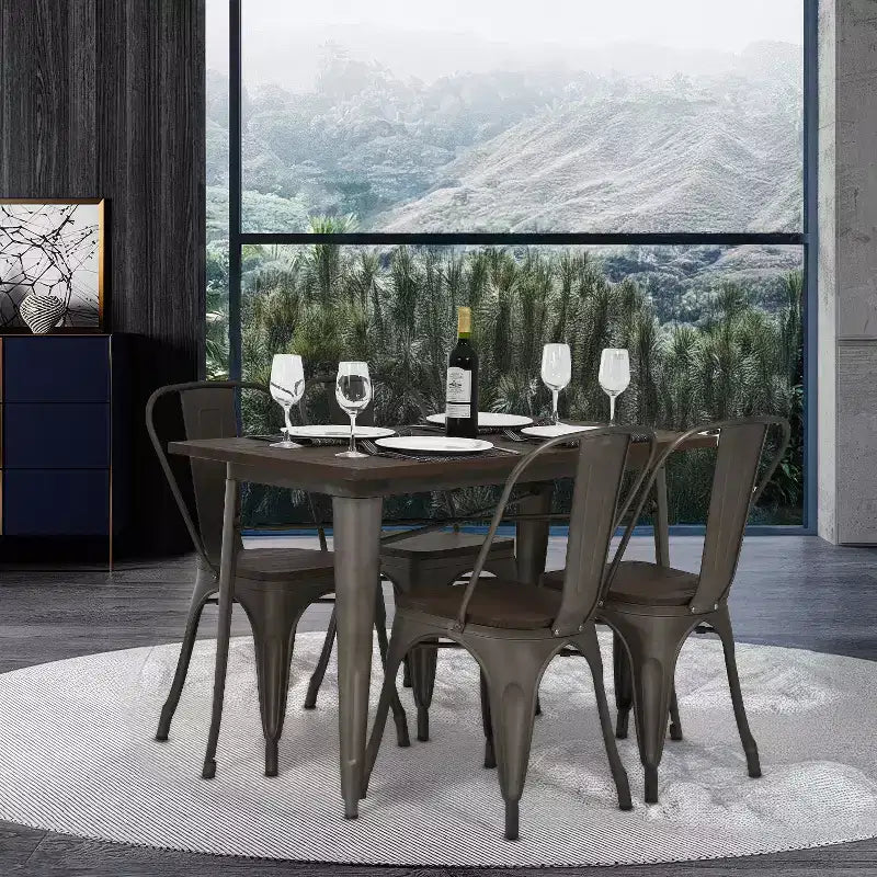 Table de salle à manger en métal antirouille, table de cuisine, de bar ou de café avec piètement en métal et plateau en bois, pour l’intérieur et l’extérieur
