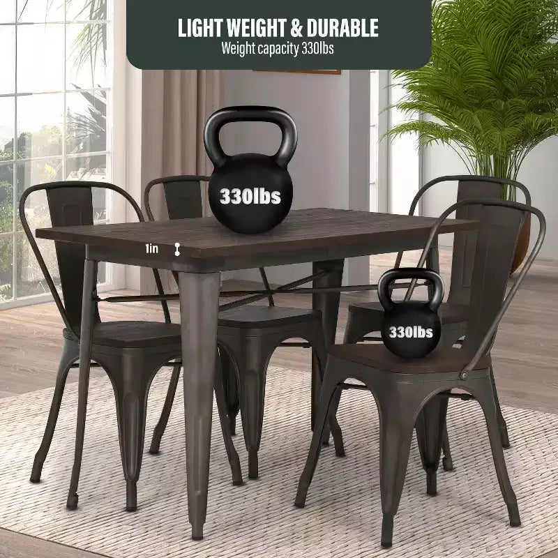 Table de salle à manger en métal antirouille, table de cuisine, de bar ou de café avec piètement en métal et plateau en bois, pour l’intérieur et l’extérieur