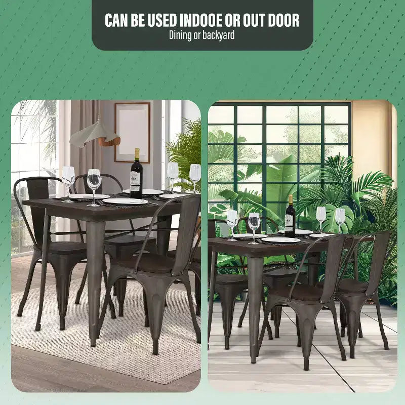 Table de salle à manger en métal antirouille, table de cuisine, de bar ou de café avec piètement en métal et plateau en bois, pour l’intérieur et l’extérieur