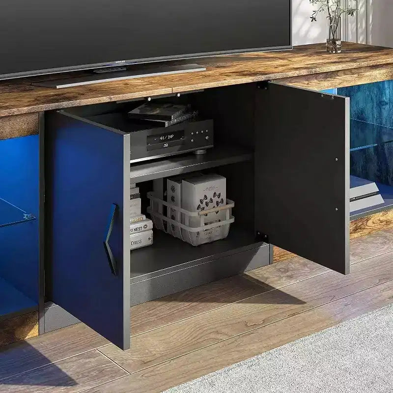 Mueble para TV de 70 pulgadas, para televisores de hasta 75 pulgadas, centro de entretenimiento y consola multimedia con estantes ajustables de vidrio templado y almacenamiento cerrado para la sala de estar